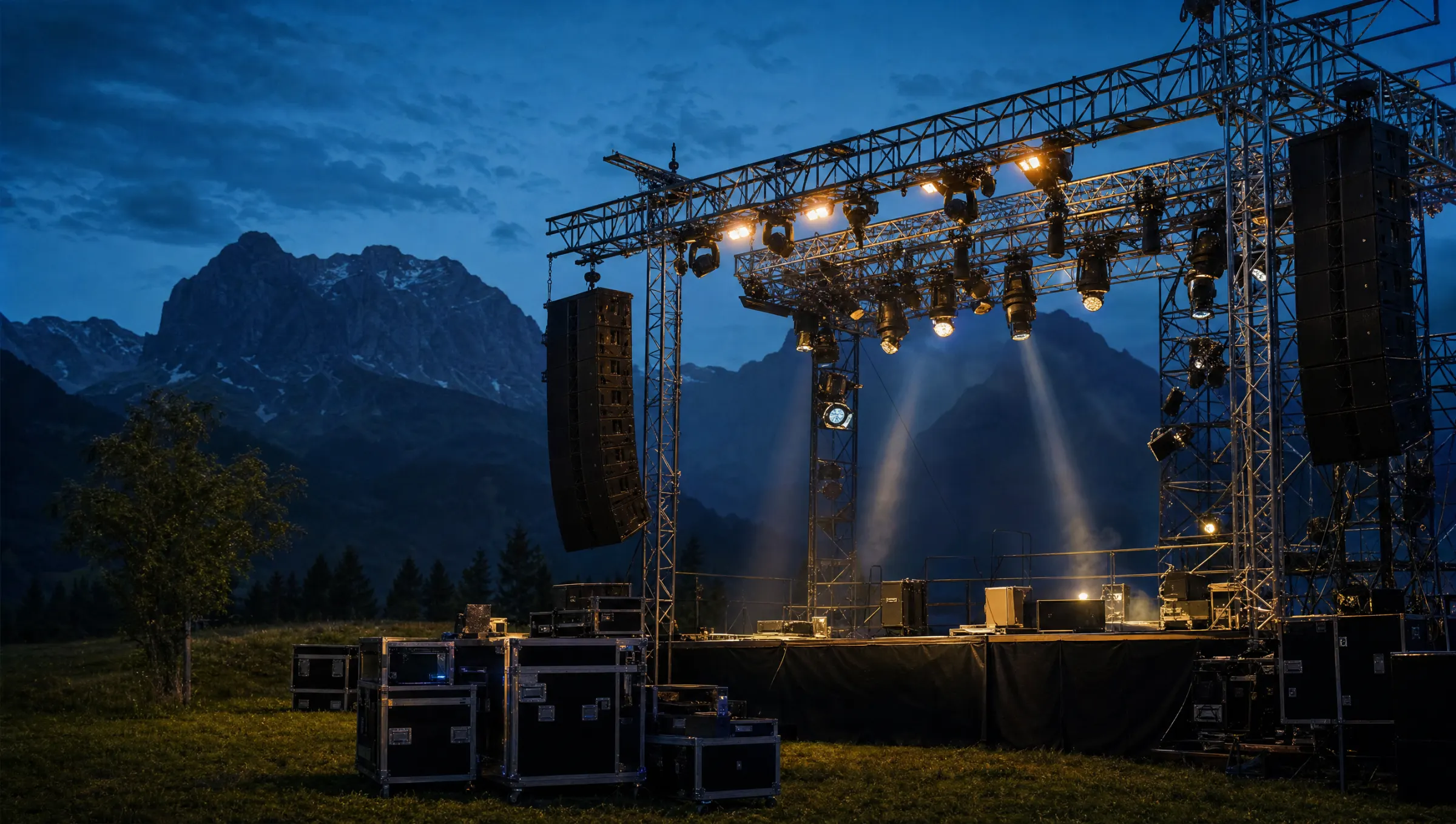 Open-Air-Bühne mit Line-Array und Moving Heads vor Bergkulisse